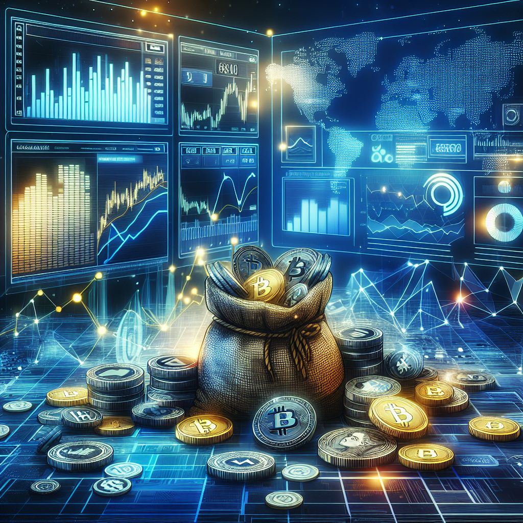 Illustrasjon av kryptomarkedets analyse: moderne grafer, on-chain-data visualisert og diversifisert portefølje i teknologisk, profesjonell stil