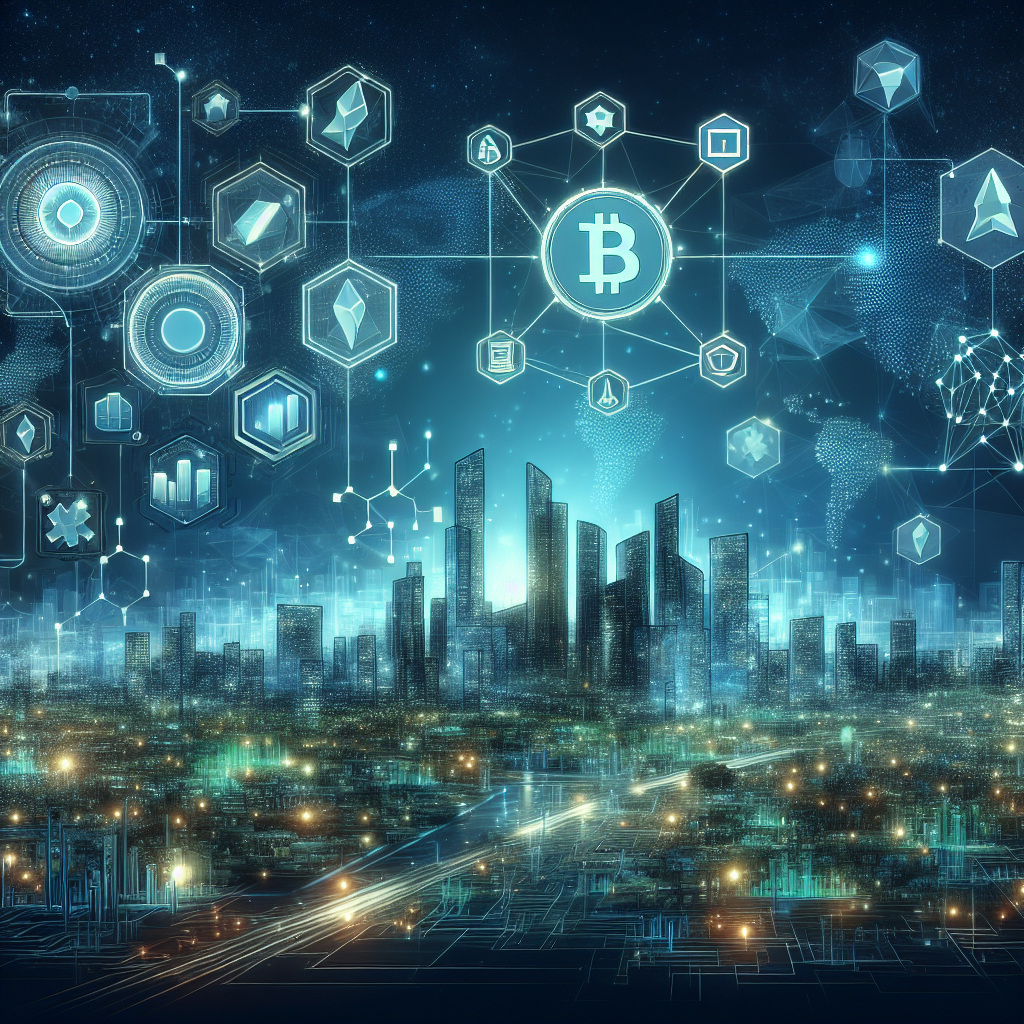 Futuristisk oversikt over kryptovaluta: blockchain-nettverk, token-symboler, grafer og moderne bylandskap i kald blå-grønn palett