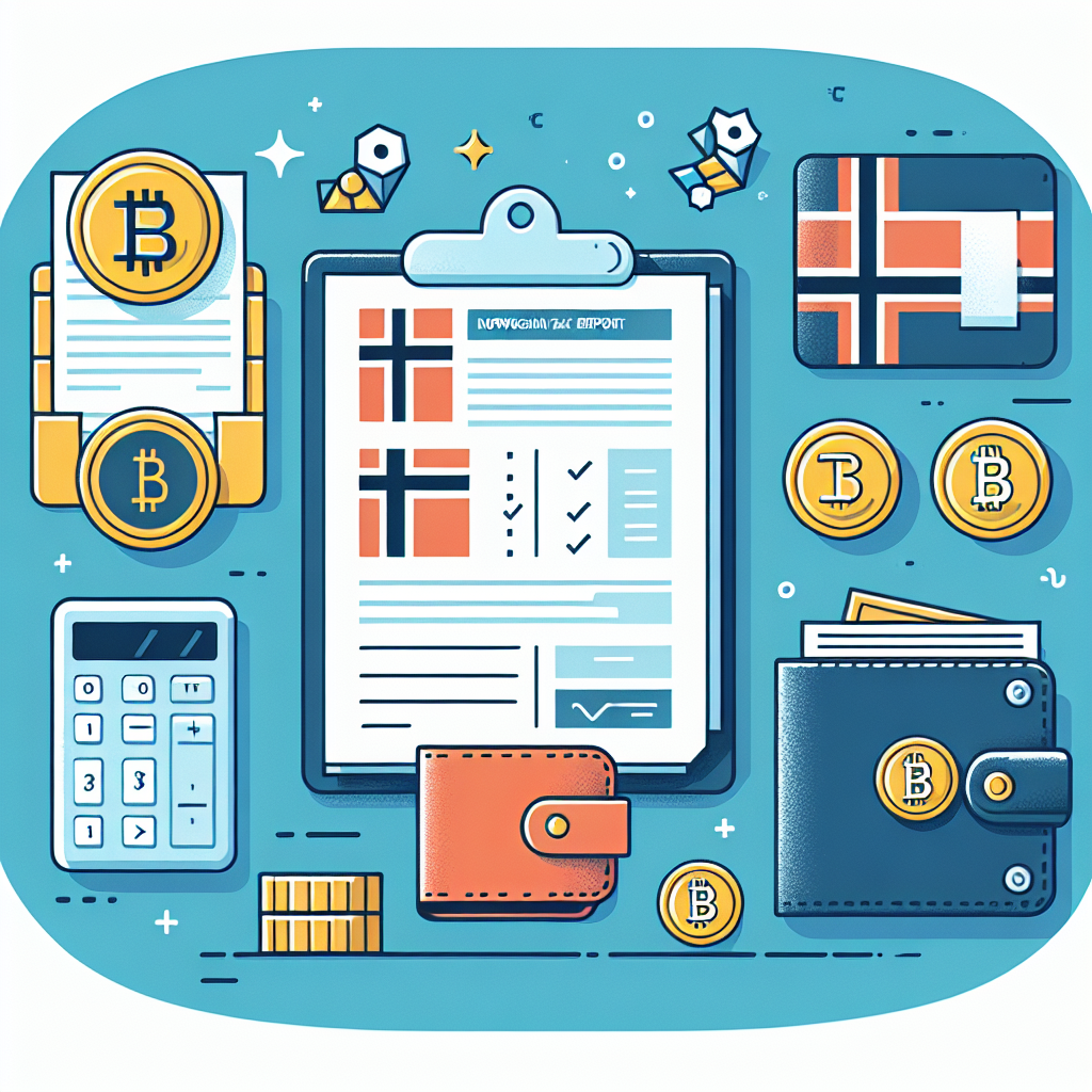 Illustrasjon av norsk skattemelding med kryptovaluta-symboler, dokumentmapper og lommebok, moderne flat design, klar fargepalett