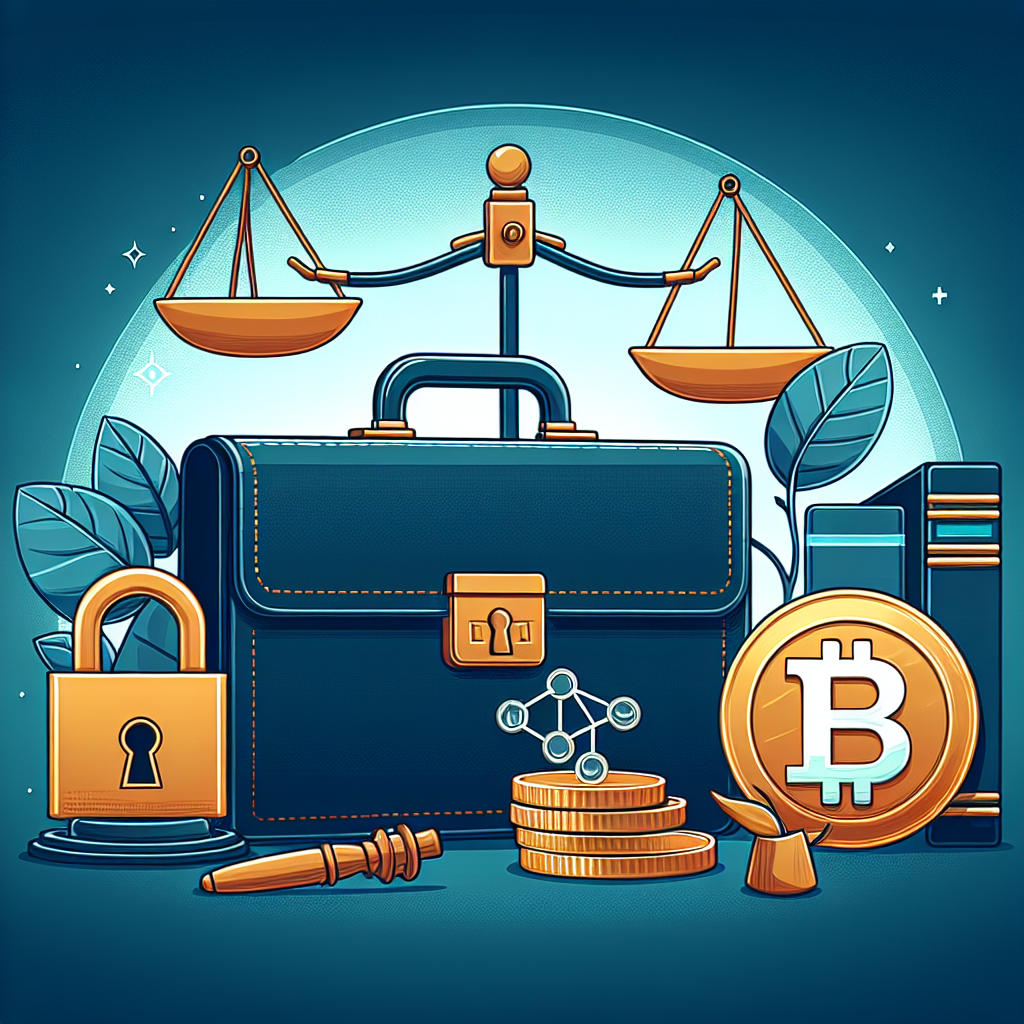 Illustrasjon av juridisk rådgivning for kryptovaluta: en advokatmappe, blockchain-symboler og lås som symboliserer sikkerhet, moderne fargetone og profesjonelt preg