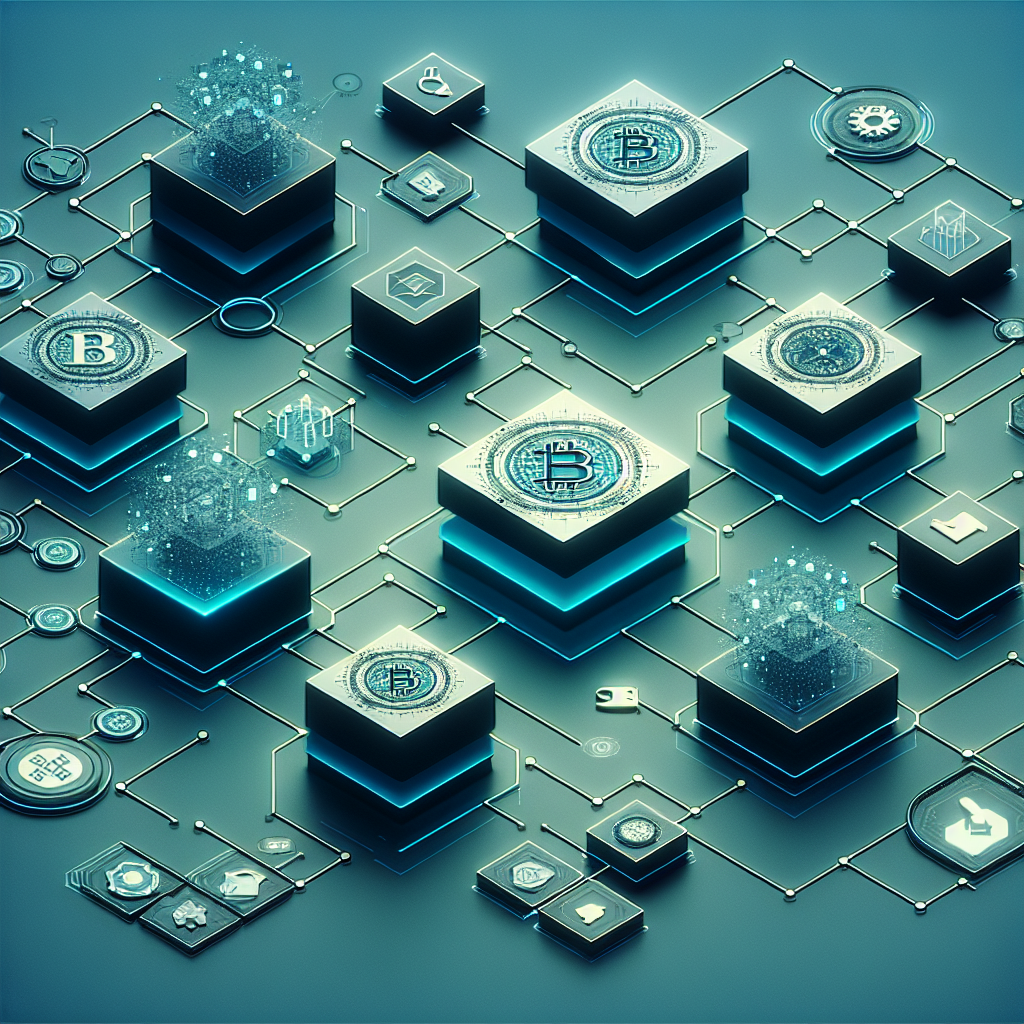 Futuristisk oversiktsbilde av blockchain: stiliserte blokker og noder som kobles, smarte kontrakt-ikoner, blågrønn fargepalett, moderne og profesjonelt