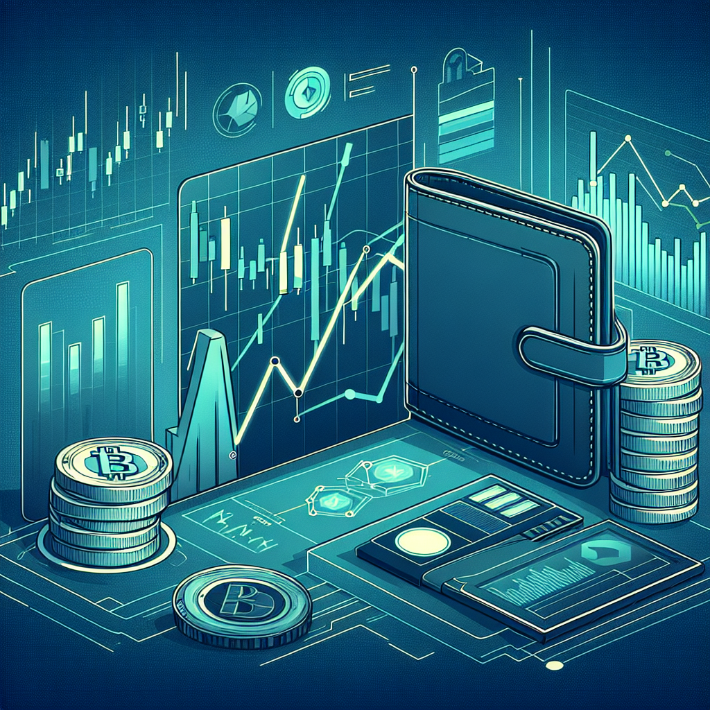 Illustrasjon av kryptovaluta markedsanalyse: grafer, tekniske indikatorer og en sikker lommebok, moderne stil, blå og grønne toner