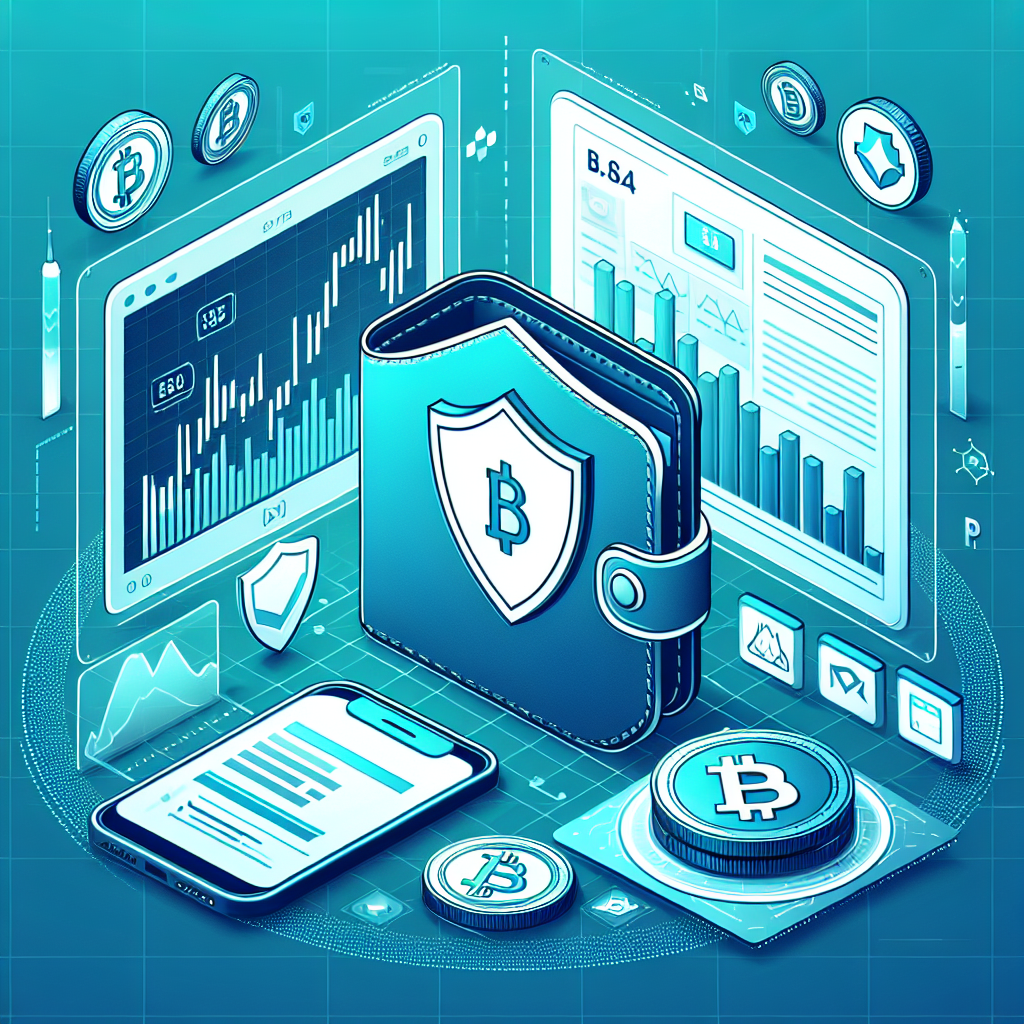 Moderne illustrasjon av trygg kryptohandel: digital lommebok, prisgrafer og skjold-symbol, blå-grønn fargepalett, profesjonelt og ryddig