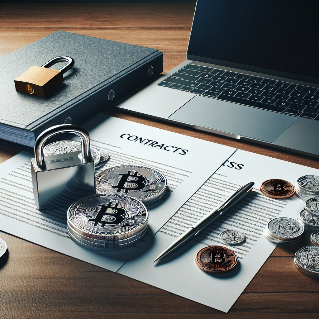 Moderne bilde av juridiske dokumenter og kryptovaluta-mynter på et skrivebord, med laptop, kontrakter og en sikkerhetslås som symboliserer juridisk beskyttelse