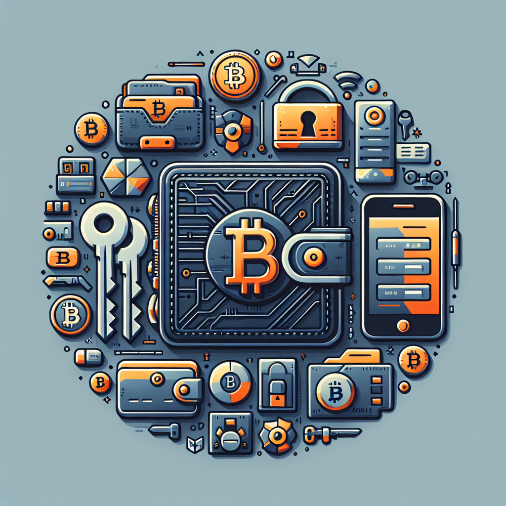 Illustrasjon av en sikker Bitcoin-lommebok: en hardware wallet omgitt av digitale sikkerhetsikoner, nøkler og et stilrent, moderne fargepalett